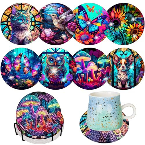 Diamond Painting Untersetzer Mit Halter, Wiederverwendbare Glasuntersetzer 8 Stück, Diamant Tassenuntersetzer, DIY Diamant Kunst Untersetzer mit Halter, für Tassen, Weingläser, Tierprint