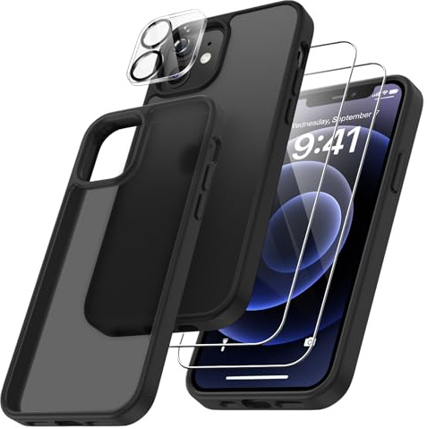 FLLAO 4 en 1 Coque pour iPhone 12 6.1, Noir | 2 Verre Trempé et 1 Caméra Protecteur, Coussin d'air Intégré, Antichoc Antirayures Bumper Protection
