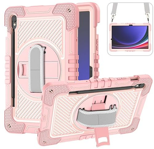 ERDARARIPRO Étui pour tablette Samsung Galaxy Tab S9 FE&/Tab S9 & X810/X816B/X818U 12,4 avec support rotatif à 360° et dragonne, rose doré