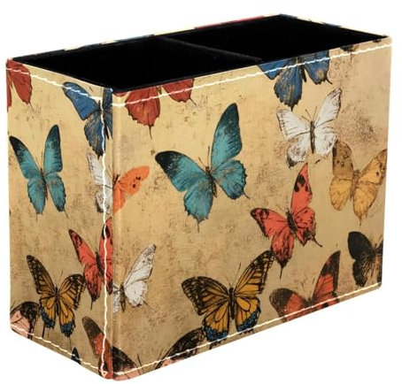 VAPOKF Butterfly Vintage Pen Holder for Desk, 2 Compartments Pen Pot Pencil Holders Makeup Brushes Storage Desktop Stationary Supplies Organiser for Home Office