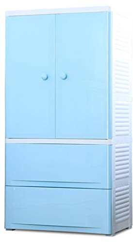 Kinderschrank Aufbewahrungsschrank mit Doppeltüren und Schubladen für Spielzeug und Babyartikel, 58 × 40 × 114 cm, blaues Fach, robuste Kunststoffkonstruktion