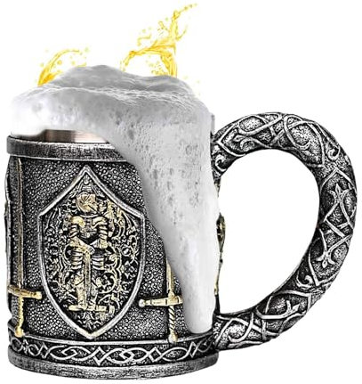 Chope de chevalier médiéval – Tasse à café en acier inoxydable | Tasse à café ou chope à bière du Templier 450 ml – décoratif pour les fans du Moyen Âge, tasse polyvalente pour boissons