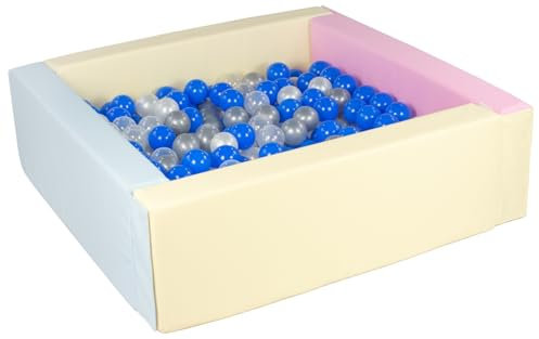 Velinda Piscine à balles carrée avec 300 balles, Cuir écologique, 5 éléments (Couleur de la Piscine/de balles: Rose, Bleu, Jaune (Pastel)/Perle, Transparent, Bleu, Argent)