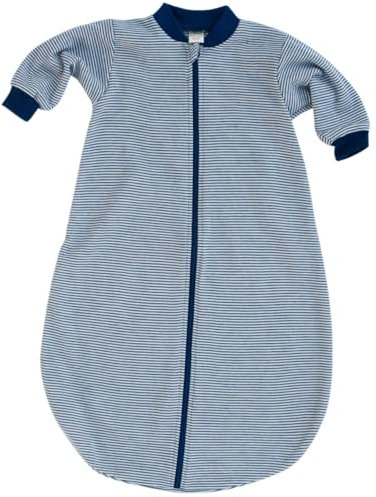 Lilano Baby Schlafsack mit Ärmeln, Gestreift Blau-Weiß, Temperaturausgleichend, für 20-22°C Raumtemperatur (Marine/Natur, 50-56)