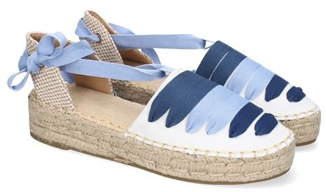 92406 Alpargarta Plana Estilo Valenciana para Mujer, Comodas y Elegantes, Diseno Moderno con Cintas en la Pala Decorativas y Cierre de Cintas al Tobillo, Ideales para Primavera-Verano. Azul Talla 40