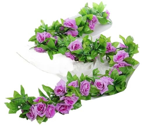 Guirlande Fleurs Artificielles 1/4 pcs 220 cm 9 têtes de vigne de rose simulée couleurs vives et teintes vives décoration de chambre rouge jaune blanc violet champagne rose rotin pour Mur Mariage(Purp