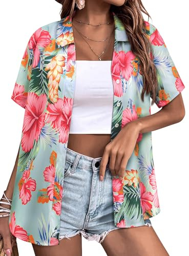 Yihelian Hawaiian Shirts for Women Summer Short Sleeve Top Floral Tropic Printing V Neck Button Down T Shirts Blouses