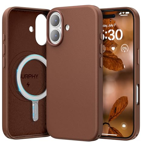 SURPHY Leather Case for iPhone 17 Case, Premium Faux Leather [Compatible with Mag-Safe] [Metallic Buttons & Microfiber Lining] Phone Case for iPhone 17 6.3 inch, Brown