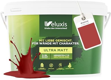 Veluxis Wandfarbe Rot Braun matt 2,5 L – Cheeky Chilli | Innenfarbe mit Deckkraft Klasse 1, VOC-frei, ohne Grundierung, tropfarm, für Wohnzimmer und Schlafzimmer