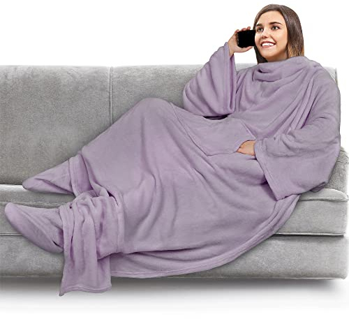 PAVILIA Fleece Blanket with Sleeves, Foot Pockets for Women Men Adults, Plush Wearable Blanket Throw, Warm Blanket Cozy Gift