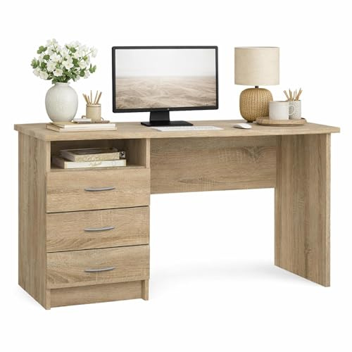 Mesa Escritorio para Ordenador Duero Oak con 3 Cajones en Color Roble 121 x 49 x 73 cm