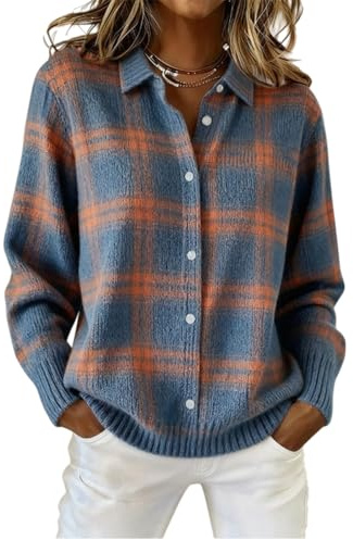 Damen Plaid Print Casual Baumwolle Geknöpft Cardigan Sweater Plaid Strick Cropped Cardigan Sweater