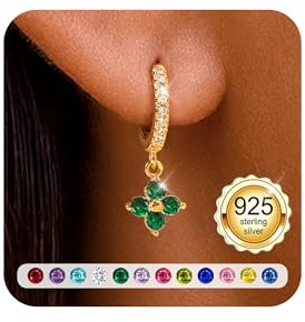 ZOERAY Geburtsstein Ohrringe Gold Hängend für Damen Mädchen Wasserfest Frau | 18K Vergoldete Ohrringe Creolen mit Anhänger,Kleeblatt Goldene Ohrringe Stein Rot Grün Blau,Damenohrringe Geburtstag Geschenk