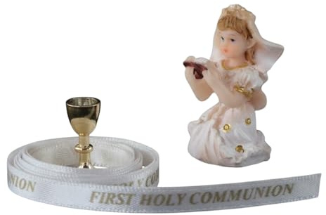 First Holy Communion Cake Topper Set – Girl Kneeling Figurine (46mm), Chalice & Ribbon (1m x 6mm) – Religious Cake Decoration