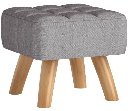 HOMCOM Sitzhocker Quadratisch mit Weichem Sitzkissen Holzbeinen Grau | Hocker, Fußhocker, mit Leinenoptik, Polsterhocker, Ottoman, für Schlafzimmer, Wohnzimmer