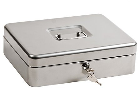 1 ProfiOffice Geldkassette aus Stahl | abschließbar | Münzgeld-Einsatz herausnehmbar | 30 x 24 x 9 cm | Kasse mit 2 Schlüsseln | geeignet als Spardose, Tresor, Trinkgeldkasse | Silber (10019)