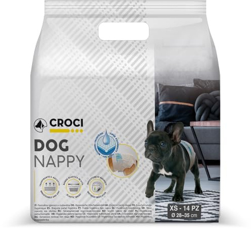 Croci Dog Nappy - Mutanda Assorbente per cani femmine, taglia XS - Ø 28-35 cm, Pannolino igienico ciclo e pipi cane, Antiodore, Usa e getta, Chiusura adesiva regolabile, 14 pz