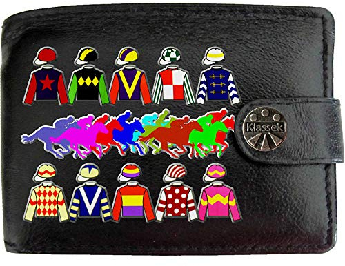 Klassek Jockey Racing Colours Silks Betting Gambling Mens Wallet Real Black Leather RFID Blocking with Coin Pocket and Metal Gift Box