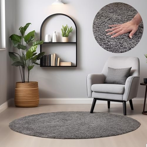 HomebyHome Teppich Rund Hochflor 80 cm Rund - Shaggy Runder Teppich Wohnzimmer Grau Extra Weich und Flauschig - Waschbarer Langflor Teppiche für Schlafzimmer, Küche, Flur - Carpet, Halı, Kilim