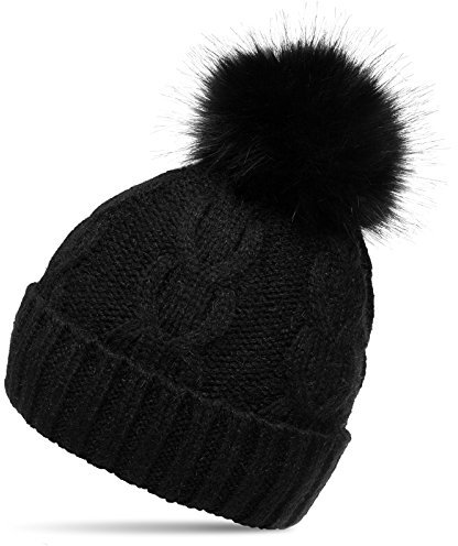 Caspar MU175 Damen Winter Mütze Strickmütze Bommelmütze mit großem Fellbommel, Farbe:schwarz, Größe:One Size
