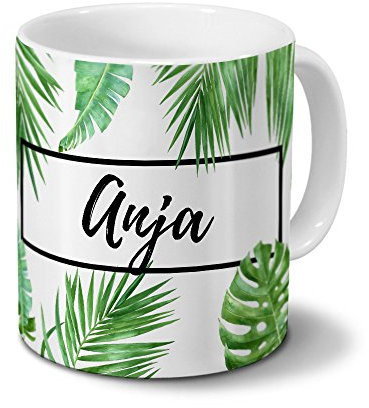 printplanet Tasse mit Namen Anja - Motiv Dschungel Floral Leaf - Namenstasse, Kaffeebecher, Mug, Becher, Kaffeetasse - Farbe Weiß