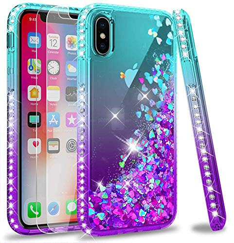 LeYi 2 Pack iPhone XS/iPhone X Case with Glass Screen Protector, 3D Glitter Liquid Cute Personalised Clear Silicone Gel Shockproof Phone Cover, Blue Purple