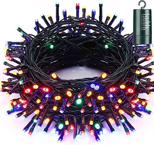 Qedertek Luci Natalizie a Batteria da Esterno, Catena Luminosa 20M 200 LED, Cavo Verde Scuro, con Gancio, Luci Colorate per Addobbi Natalizi, Impermeabile per Albero di Natale