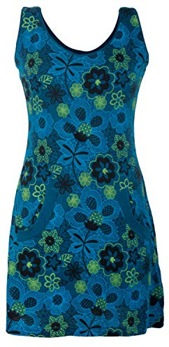 Vishes - Alternative Bekleidung - Ärmelloses Blumenkleid mit Taschen aus Baumwolle Bedruckt und Bestickt türkis 36-38