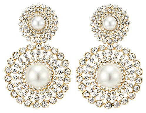 Braut Strass Synthetische Perle Cluster Große Kreis Blumen Lange Baumelnde Statement Ohrstecker Ohrringe, Elegante