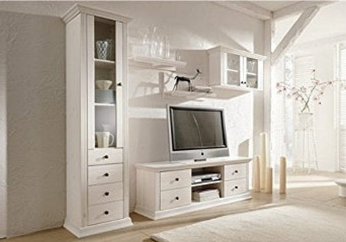 clever-moebel 5tlg. Wohnwand aus Kiefernholz weiß, Schrank Wohnzimmer