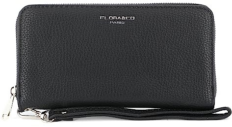Flora & co - Portefeuille Femme Long Grand Format - Wallet Pochette Tout-en-Un A Lanière - Porte-Cartes Monnaies Zippées Originales - Simili Cuir Souple - Chic et Tendance - Noir
