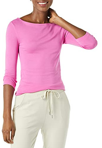 Amazon Essentials T-shirt Col Bateau Coupe Ajustée à Manches 3/4 Femme, Rose Vif, L