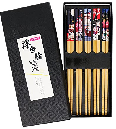 Exzact Ensemble-Cadeau De Baguettes - 5 Paires De Baguettes En Bambou Naturel Réutilisables Dans Une Belle Boîte À La Main Noire - Style Chat Porte-Bonheur Japonais Décoré/Chat De Fortune