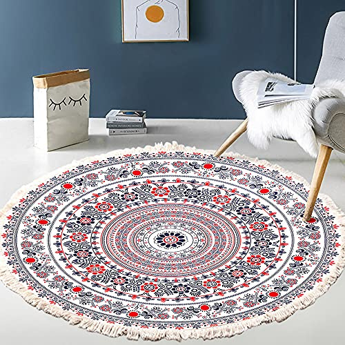 Tapis rond en coton tissé à la main - Motif mandala - Style bohème vintage - Avec pompons - Lavable en machine - Pour chambre à coucher, couloir, salon, table basse - 60 cm - Fleurs #3