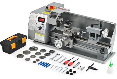 CREWORKS Mini Tornio per Metallo 210 x 350 mm 600W con Schermo Digitale per Metallo da Tavolo con Velocità Variabile 2500 giri/min per Tornitura di Metallo (210 x 350 mm)