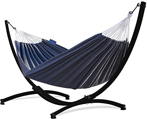 Potenza Outdoor Hängematte mit Gestell für 2 Personen I Baumwolle Doppelhängematte XXL 220x160, 200kg I Hängemattengestell 220kg, wetterfest (Grau, Gestell Schwarz)