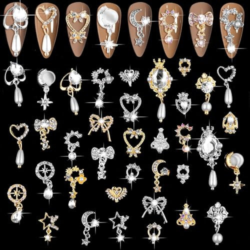 36 Pcs Luxury Nail Art Rhinestone, EBANKU 3D Shiny Nail Art Charms Diamonds Metal Nail Jewelry Nail Beauty Design Charms Gold Silver Heart Pearl Crystal Gems for Girl Women DIY Nail Design