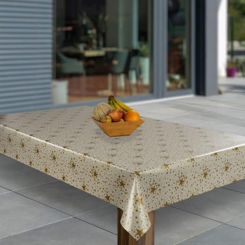 laro Wachstuch-Tischdecke Abwaschbar Garten-Tischdecke Wachstischdecke PVC Plastik-Tischdecken Eckig Meterware Wasserabweisend Abwischbar, Muster:Sterne Firmament Weiß Gold Weihnachten, Größe:130x130