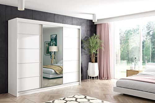 ALTDECOR Kleiderschrank mit Spiegel und Schiebetüren, kugelgelagerte Führungsschienen und Aluminium-Leisten, LED-Beleuchtung (Weiß + 16 Farben) und Fernbedienung - Maki - 240 cm Weiß