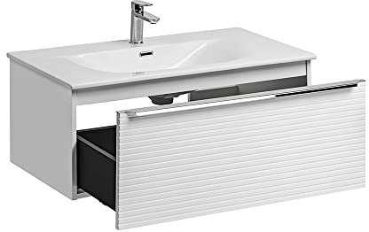 Lomadox Waschtisch mit Unterschrank 90 cm Keramik-Waschbecken in weiß gerillt, B/H/T: ca. 90/41,2/46 cm