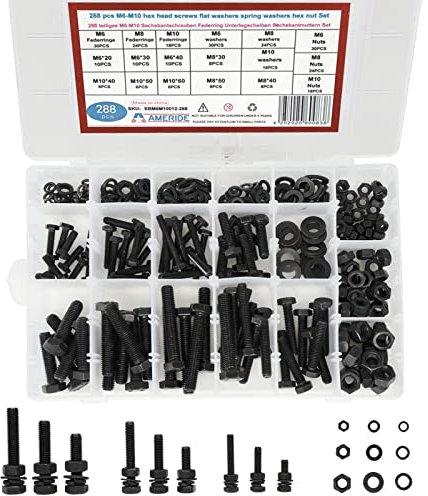 Natsen 288pcs Schrauben Set M6 M8 M10 Sechskantschrauben mit Muttern Unterlegscheiben und Federringe, Kohlenstoffstahl Gewindeschrauben Sortiment Kit Schwarz