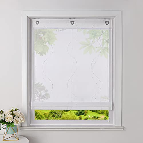 Heichkell Raffrollo mit U-Haken, Rollo mit Stickerei, Weiß BxH 100x140cm | Transparent Raffgardinen, Voile Ösenrollo, Vorhang ohne Bohren