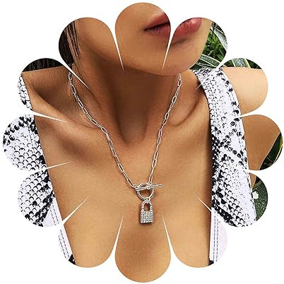 Yheakne Boho Strass Schloss Anhänger Halskette Silber Büroklammer Kette Choker Cz Gepflastert Vorhängeschloss Halskette Kreis T Bar Toggle Halskette Kettenschmuck Für Frauen Und Mädchen (silber)