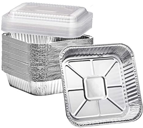 Square Aluminum Baking Cake Pans with Clear Plastic Lids (8x8”), Disposable Foil Trays Takeout Pans, Food Containers for Cooking, Heating, Prepping Food - Eco-Friendly & Recyclable (20 Pack with Lid)