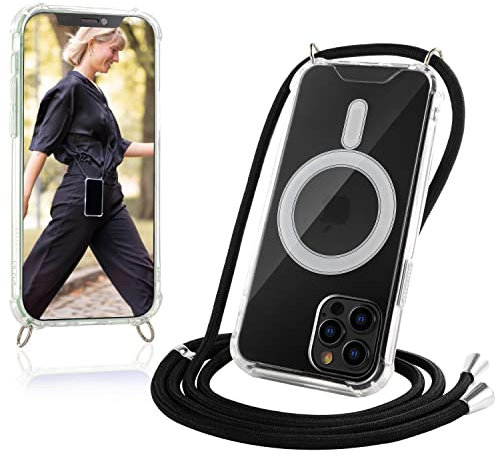 JProtect für iPhone 12 Pro Max Hülle mit Band und MagSafe – Magnetische Handykette für iPhone 12 Pro Max Magnet – Durchsichtige Umhängehülle Band Schwarz – Kette Handyhülle für MagSafe Zubehör