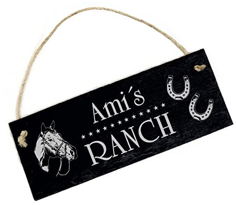 Ranch Pferdestall mit Wunschnamen Schild Schiefer graviert Stallschild Türschild Reiter Pferdedeko mit Personalisierung 22 x 8 cm