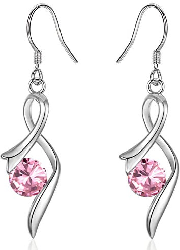 Sterling Silver Drop Earrings for Women, Silver Dangle Earrings with Cubic Zirconia │Linear Forever Love Hypoallergenic Earring for Sensitive Ears│Birthday Anniversary Christmas Jewellery Gift Pink