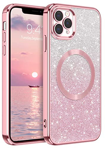 DUEDUE iPhone 11 Pro Hülle Glitzer 5.8'', Handyhülle Mit Magnetische Stoßfeste Schutzhülle, Soft TPU Rosa