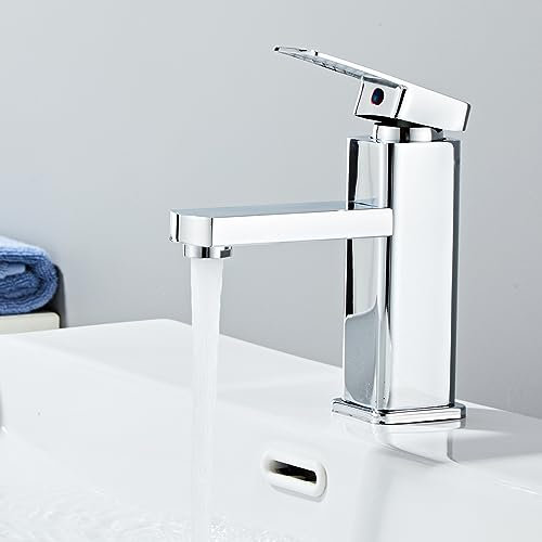 Sumeber Grifo de baño plateado, grifo de lavabo, rectangular, de acero inoxidable, monomando con tubo de entrada de agua (cuadrado, corto plateado)