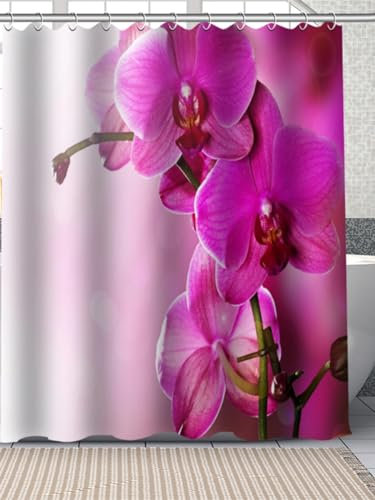 ETERIO Duschvorhang 180x180 Orchidee, 3D Orchidee Shower Curtains Textil Anti Schimmel Wasserdicht Duschvorhänge Badewanne Stoff Polyester Waschbar Vorhang mit 12 Haken